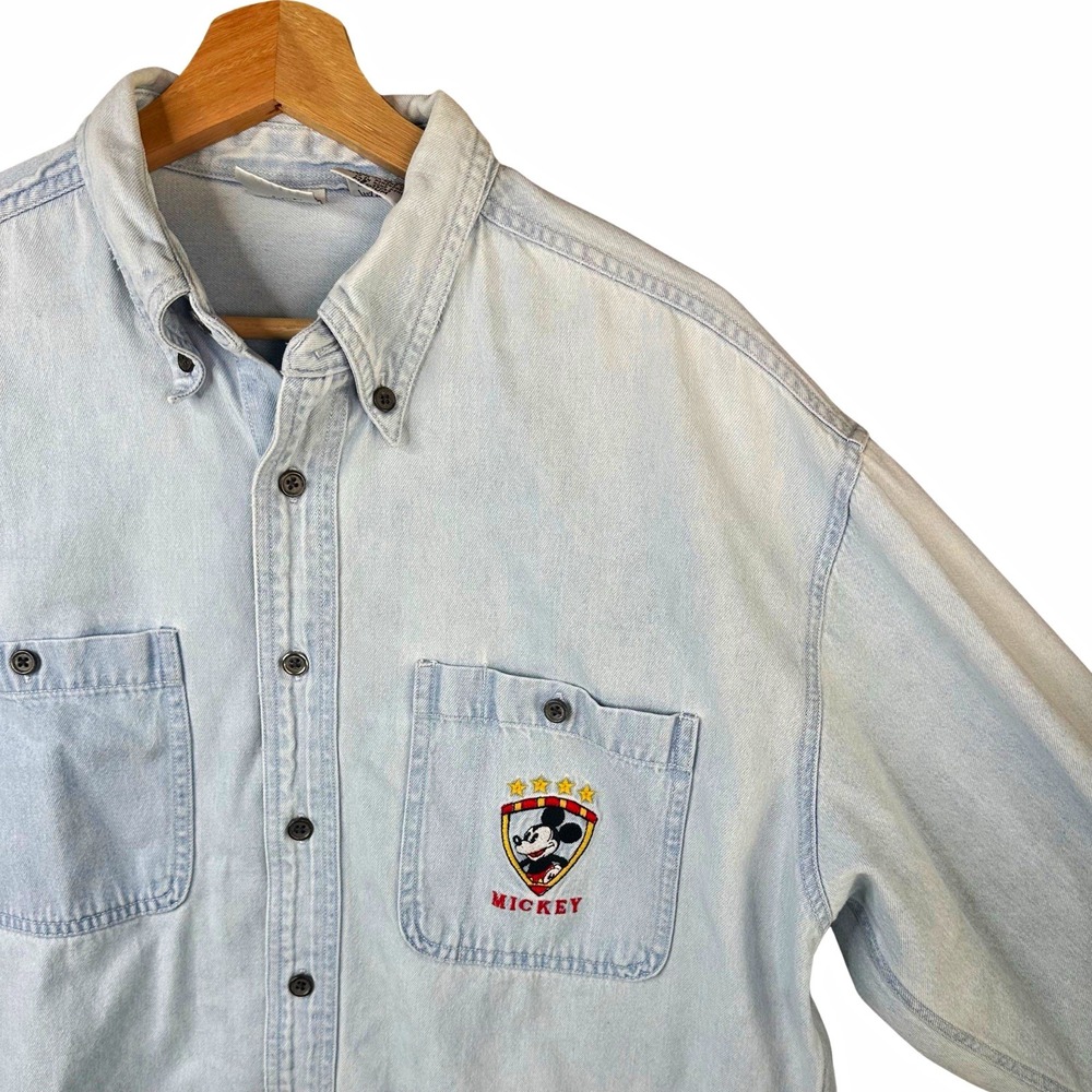 Vintage Disney Store Mickey Mouse Mens M Denim Cotton Embroidered Pocket Shirt